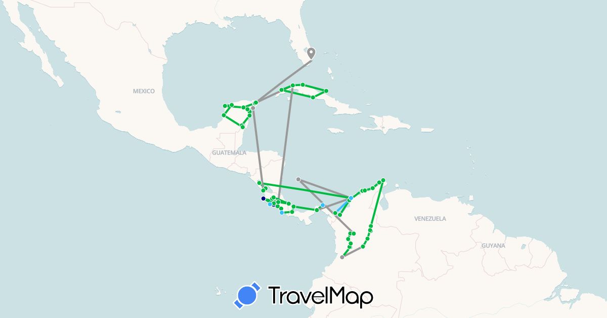 TravelMap itinerary: driving, bus, plane, boat in Colombia, Costa Rica, Cuba, Mexico, Nicaragua, Panama, United States (North America, South America)